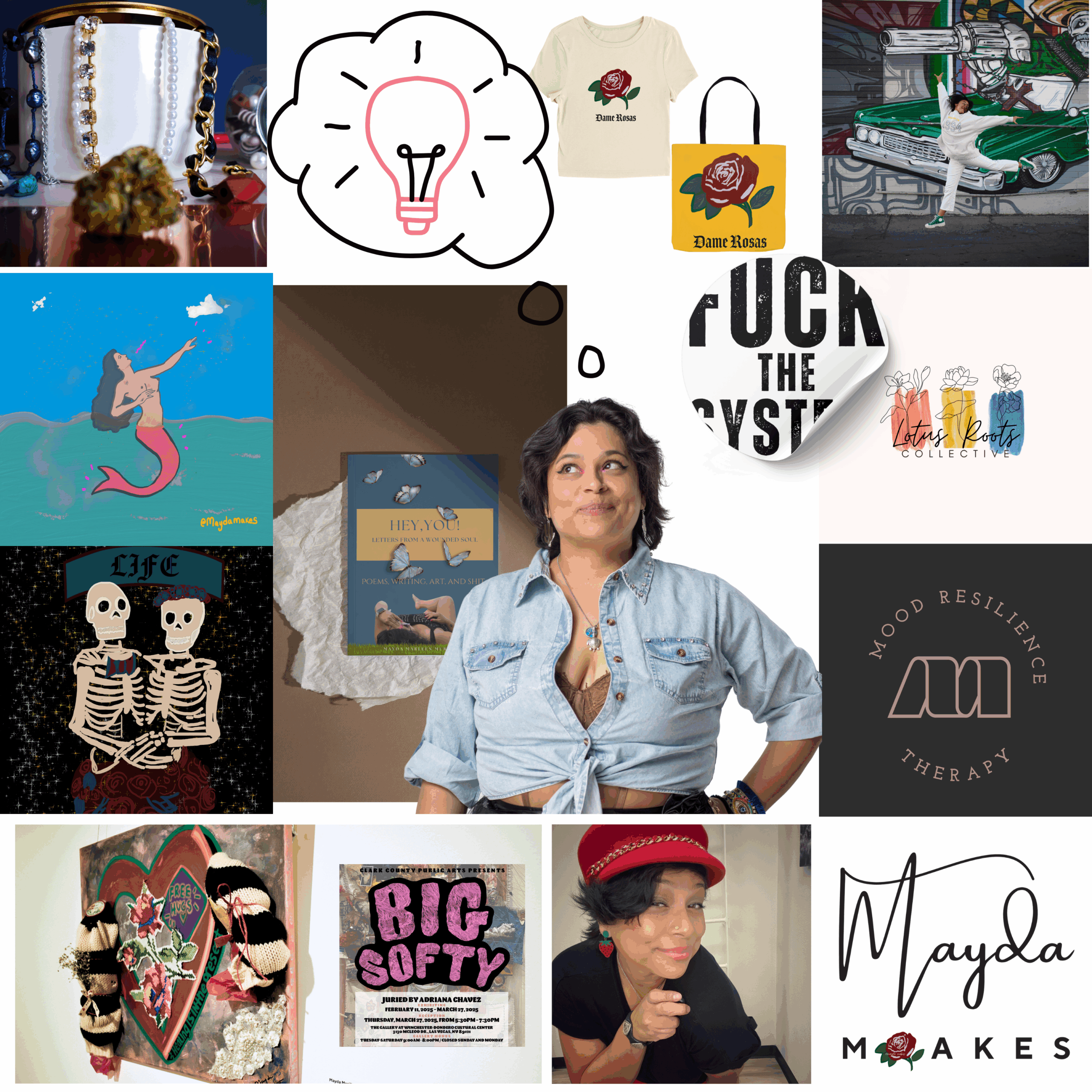Collage grid of vibrant, soulful artworks by Mayda Murillo, reflecting her Chicana identity, motherhood, and healing journey